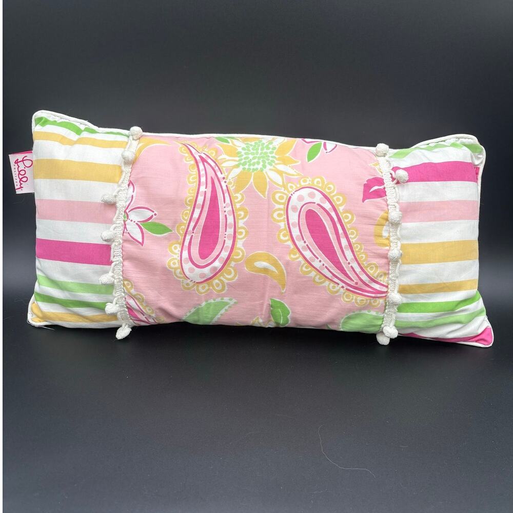 Lilly Pulitzer Lumbar Throw Pillow Pink Paisley Floral Stripe Pom Pom Trim 23x11